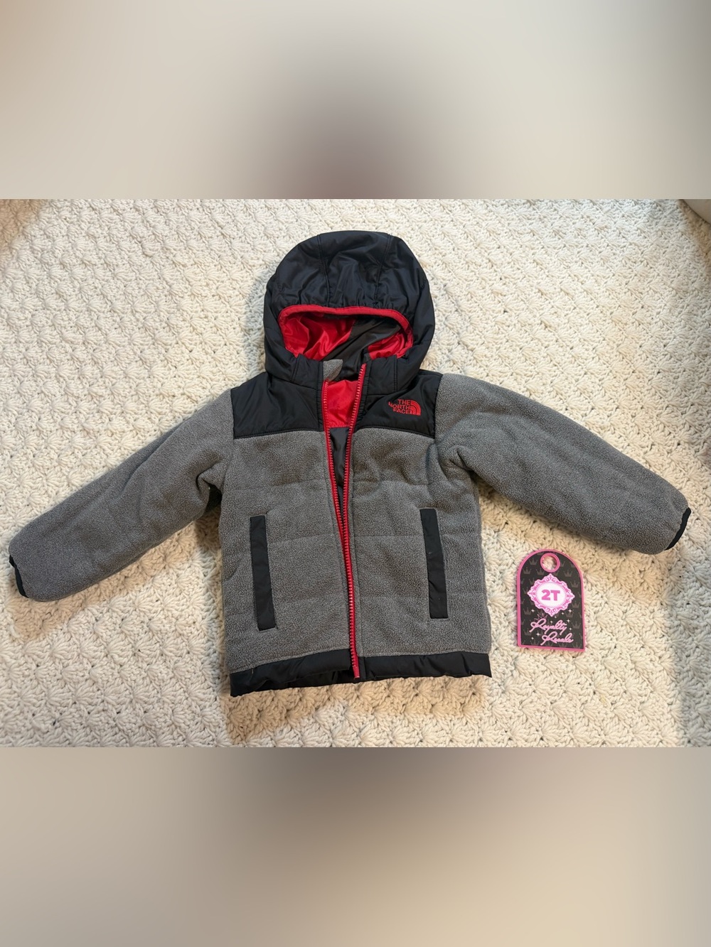 The North Face Toddler Hooded Fleece Jacket in Gray with Red Trim